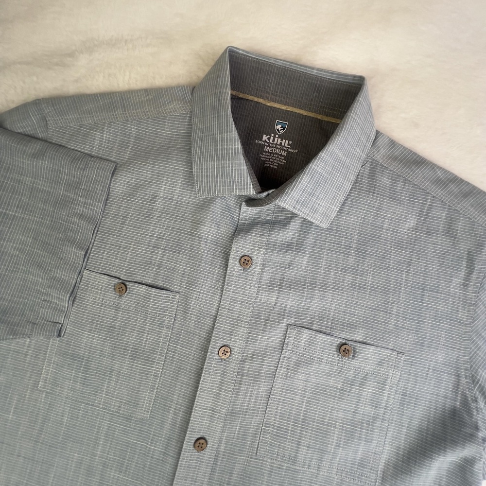 Kuhl Shirt Mens M Light Blue White Striped Short Sleeve Button Up Casual Outdoo